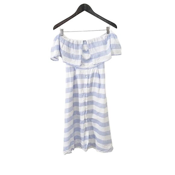 Lulu’s Blue Ivory “Transatlantic Voyage” Off The Shoulder Striped Mini Dress - Picture 2 of 15